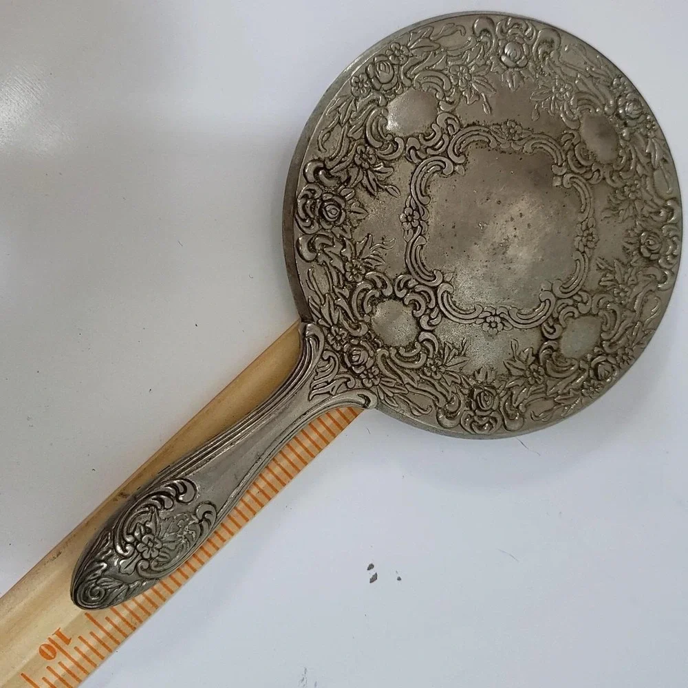 Vintage Ornate Floral Silverplate Hand Mirror Victorian Vanity Decor AS‎ IS